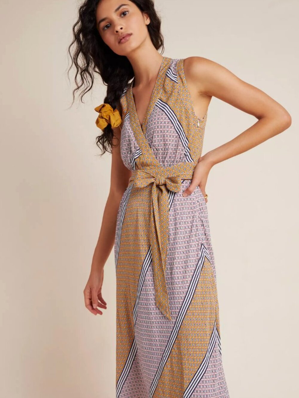 Maeve Carla Patterned Sleeveless V-Neck Faux Wrap Belted Midi Dress in Mustard